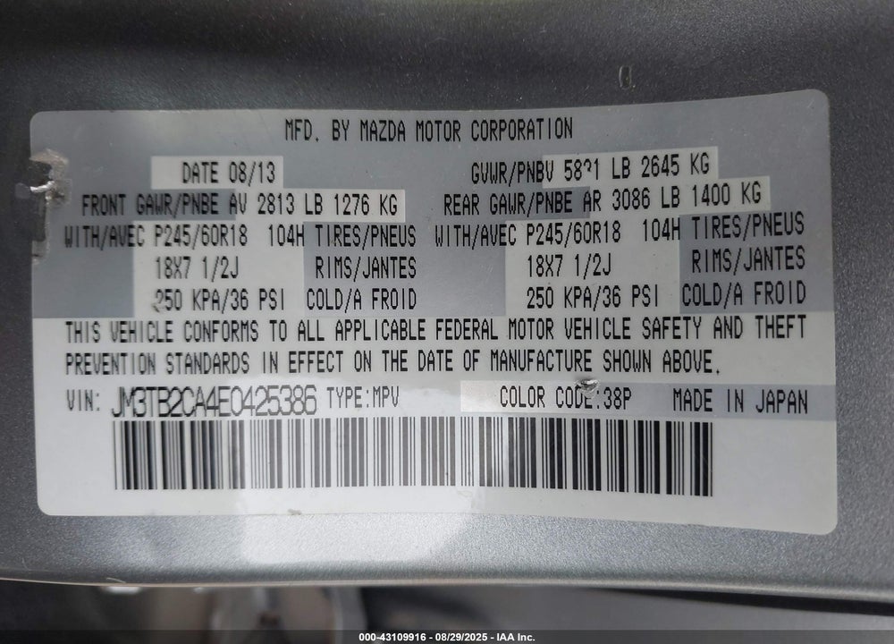 2014 MAZDA CX-9 VIN: JM3TB2CA4E0425386