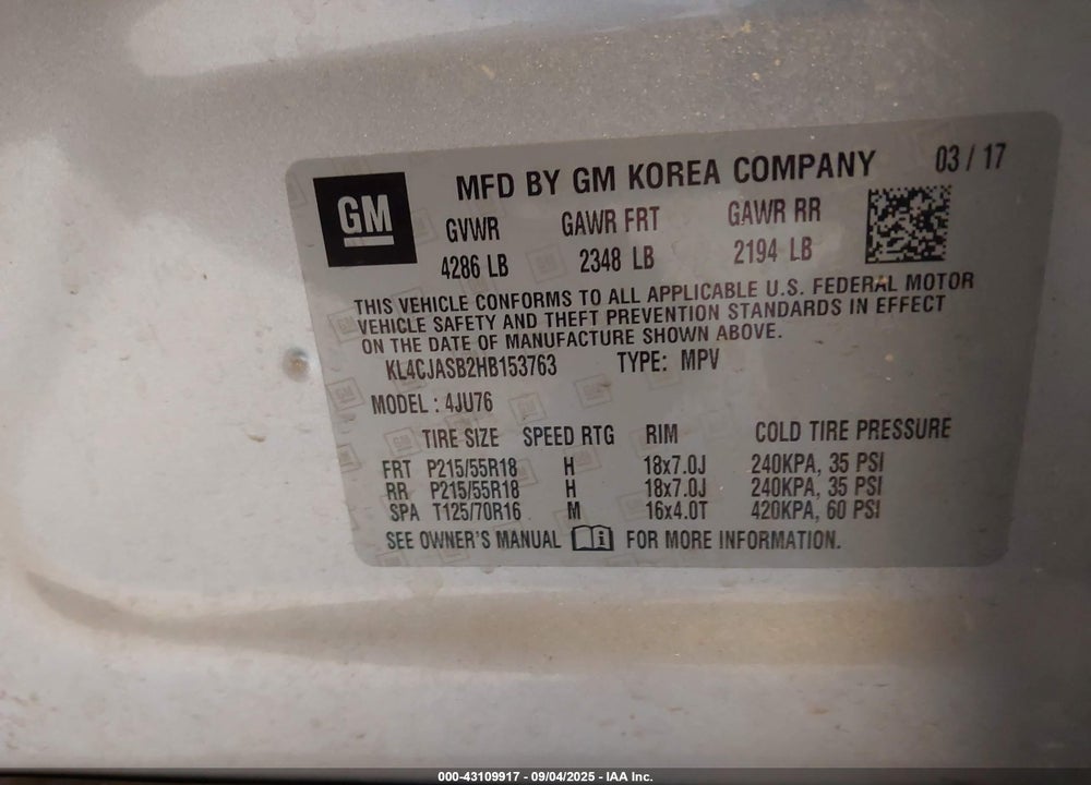 2017 BUICK ENCORE VIN: KL4CJASB2HB153763