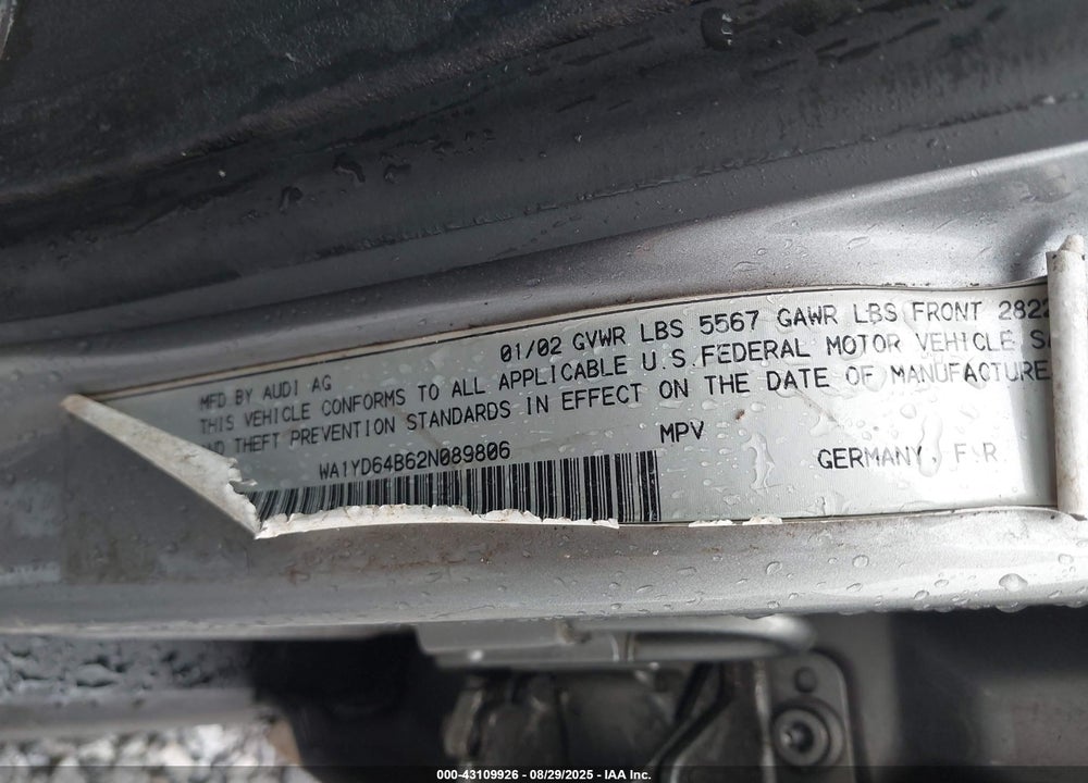 2002 AUDI ALLROAD 2.7L VIN: WA1YD64B62N089806