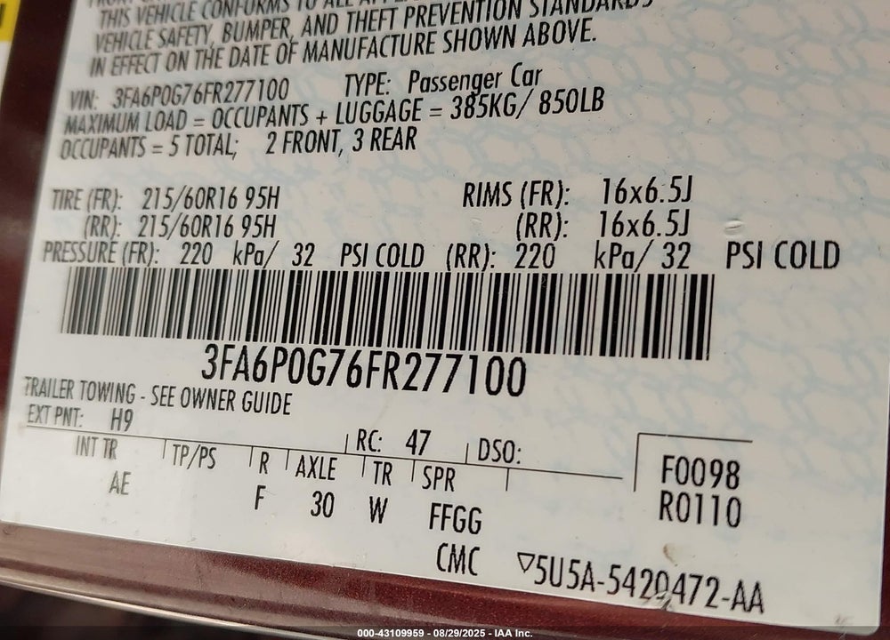 2015 FORD FUSION VIN: 3FA6P0G76FR277100