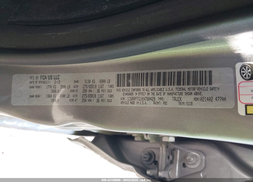 2019 RAM 1500 VIN: 1C6RRFFG1KN780429
