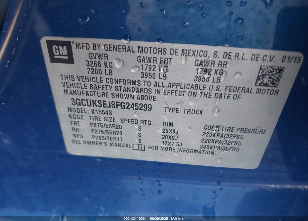 2015 CHEVROLET SILVERADO 1500 1LZ VIN: 3GCUKSEJ8FG245299