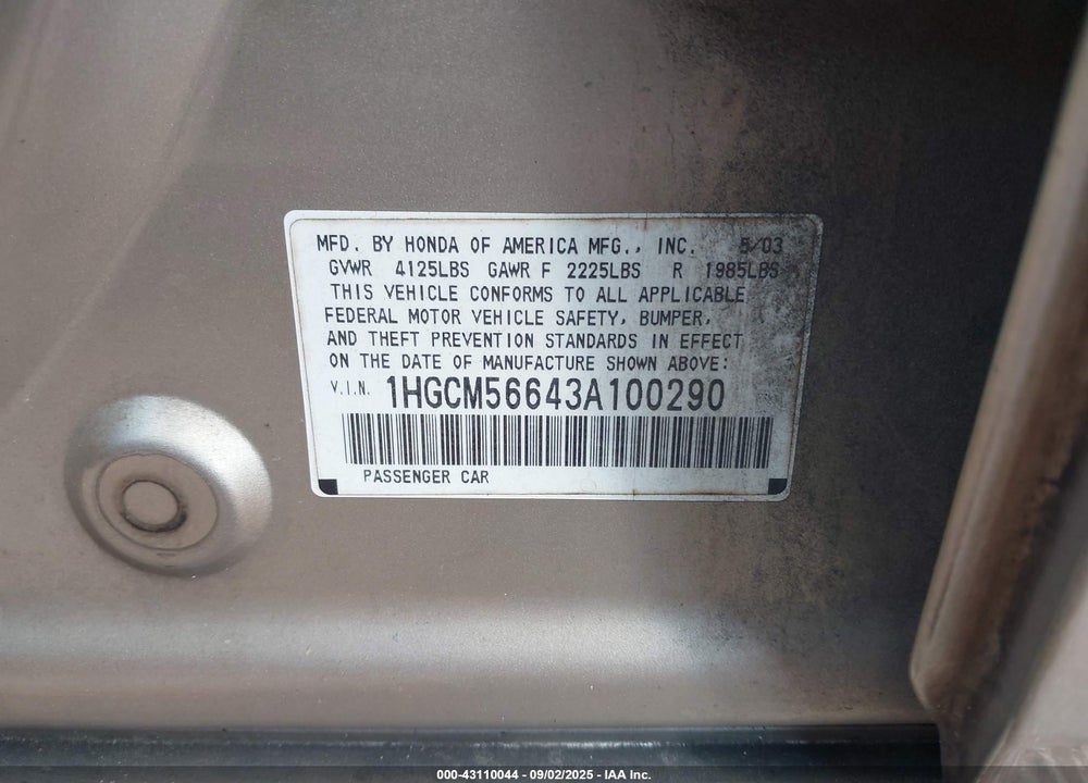 2003 HONDA ACCORD 2.4 EX VIN: 1HGCM56643A100290