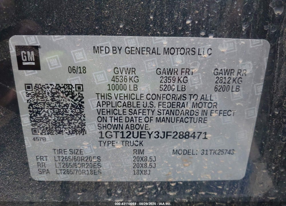 2018 GMC SIERRA 2500HD DENALI VIN: 1GT12UEY3JF288471