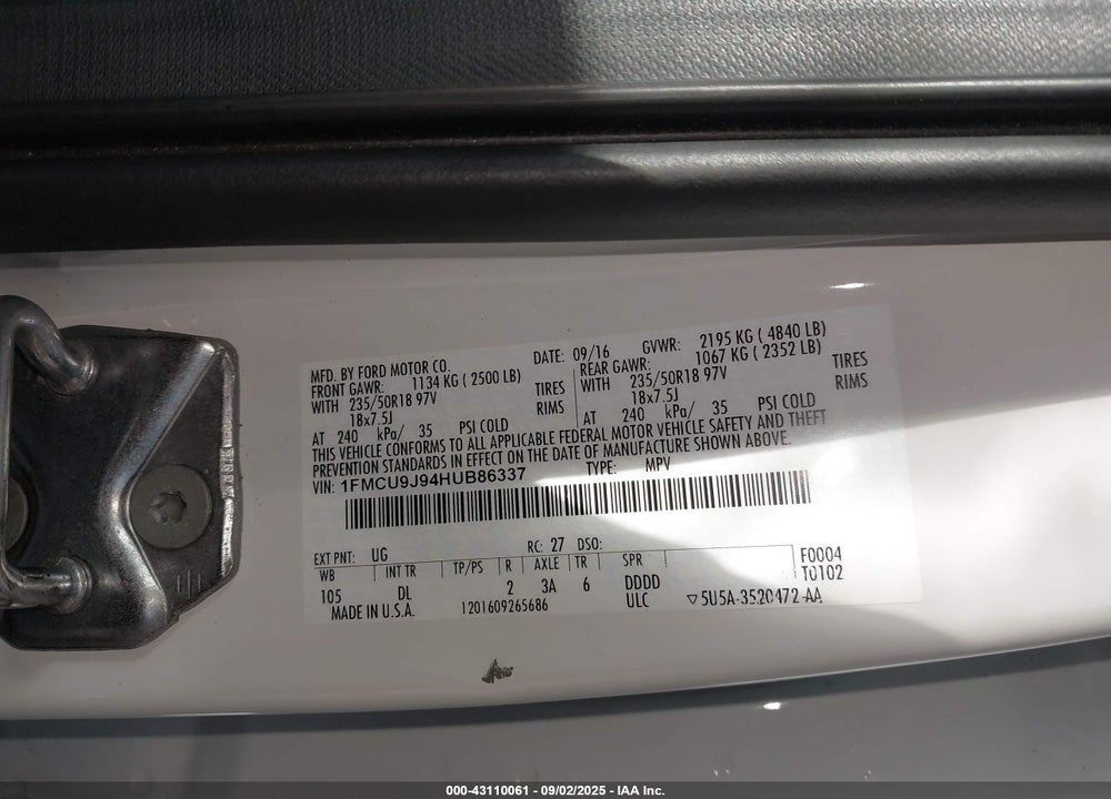2017 FORD ESCAPE VIN: 1FMCU9J94HUB86337