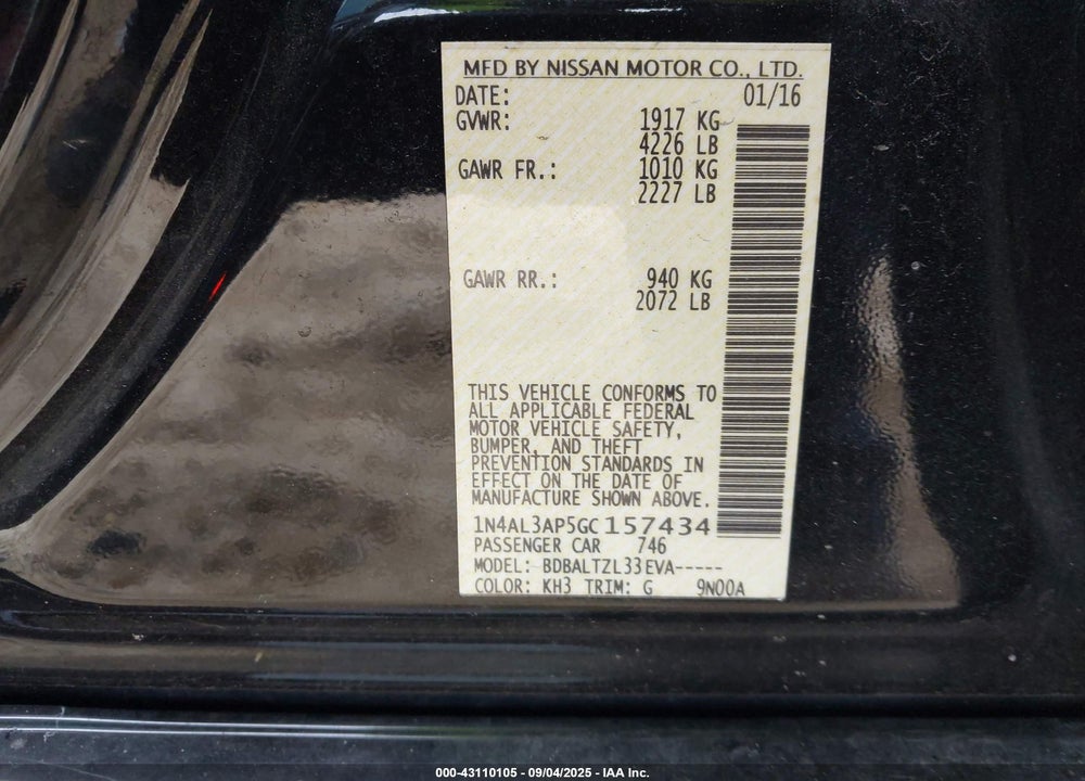 2016 NISSAN ALTIMA VIN: 1N4AL3AP5GC157434
