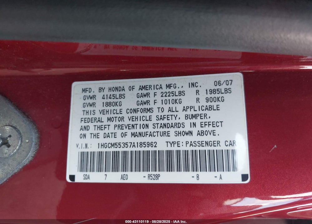 2007 HONDA ACCORD VIN: 1HGCM55357A185962