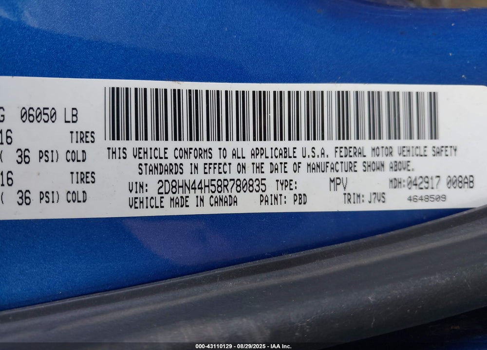 2008 DODGE GRAND CARAVAN SE VIN: 2D8HN44H58R780835