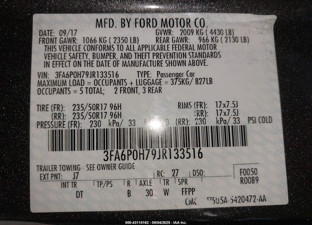 2018 FORD FUSION VIN: 3FA6P0H79JR133516