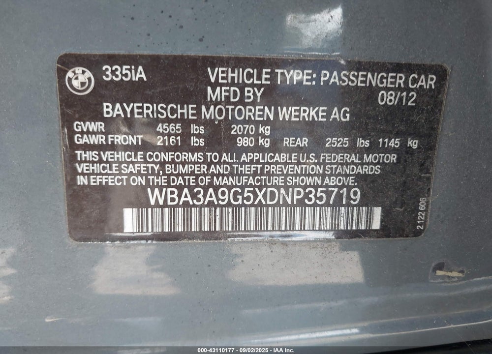 2013 BMW 3 SERIES VIN: WBA3A9G5XDNP35719