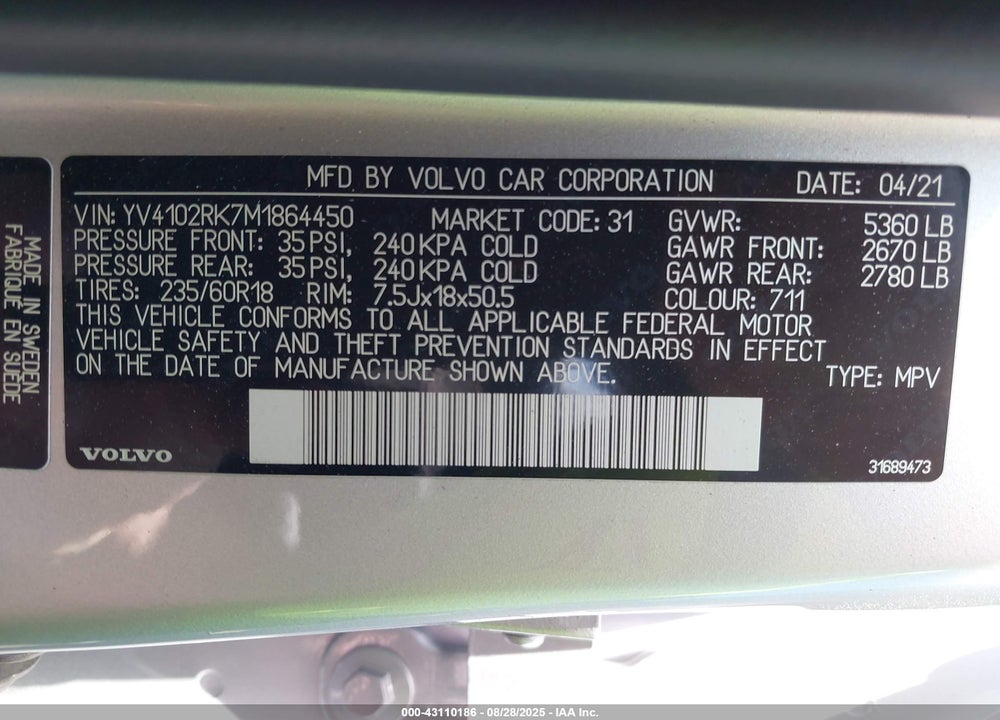 2021 VOLVO XC60 T5 MOMENTUM VIN: YV4102RK7M1864450