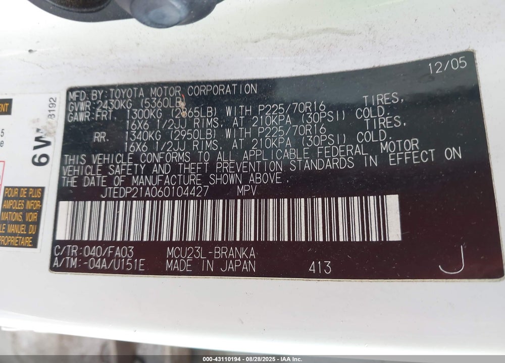 2006 TOYOTA HIGHLANDER VIN: JTEDP21A060104427