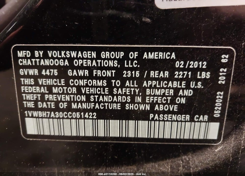 2012 VOLKSWAGEN PASSAT VIN: 1VWBH7A30CC051422