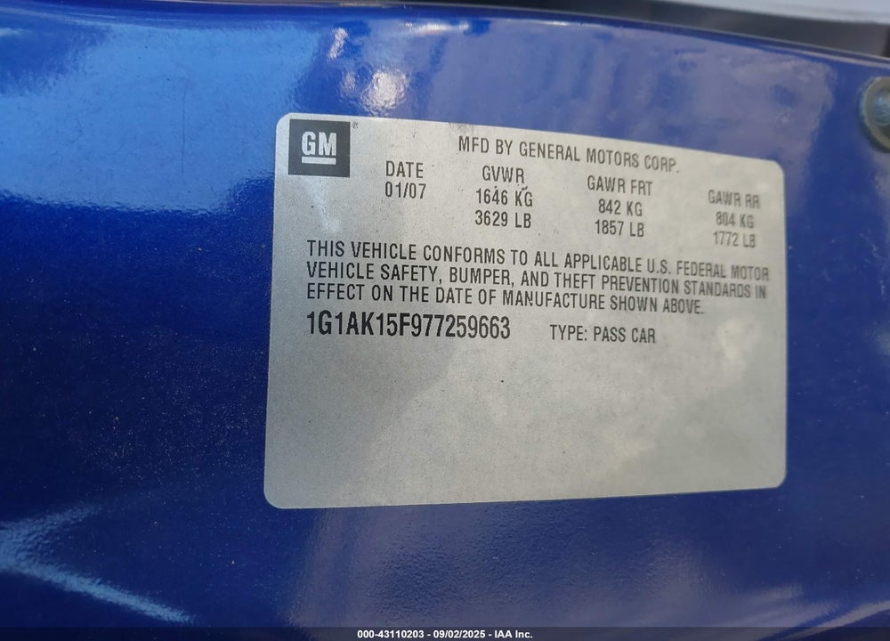 2007 CHEVROLET COBALT LS VIN: 1G1AK15F977259663
