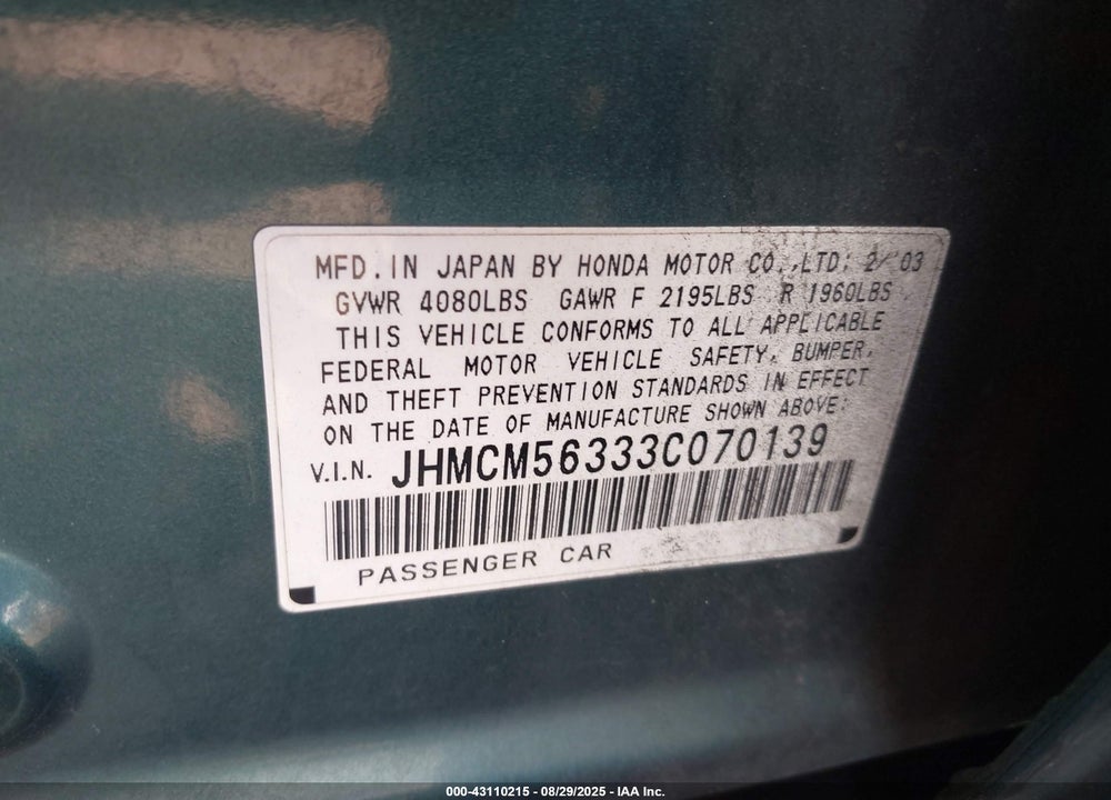 2003 HONDA ACCORD 2.4 LX VIN: JHMCM56333C070139