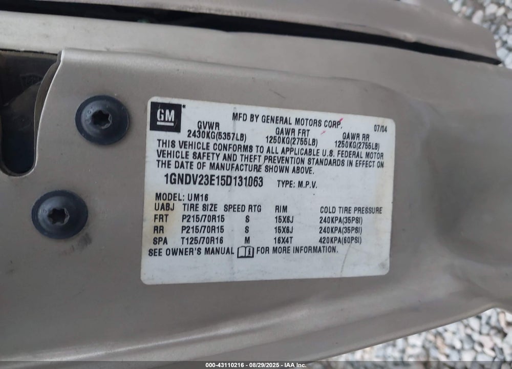 2005 CHEVROLET VENTURE LS VIN: 1GNDV23E15D131063