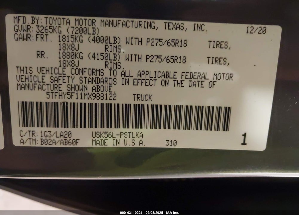 2021 TOYOTA TUNDRA LIMITED VIN: 5TFHY5F11MX988122