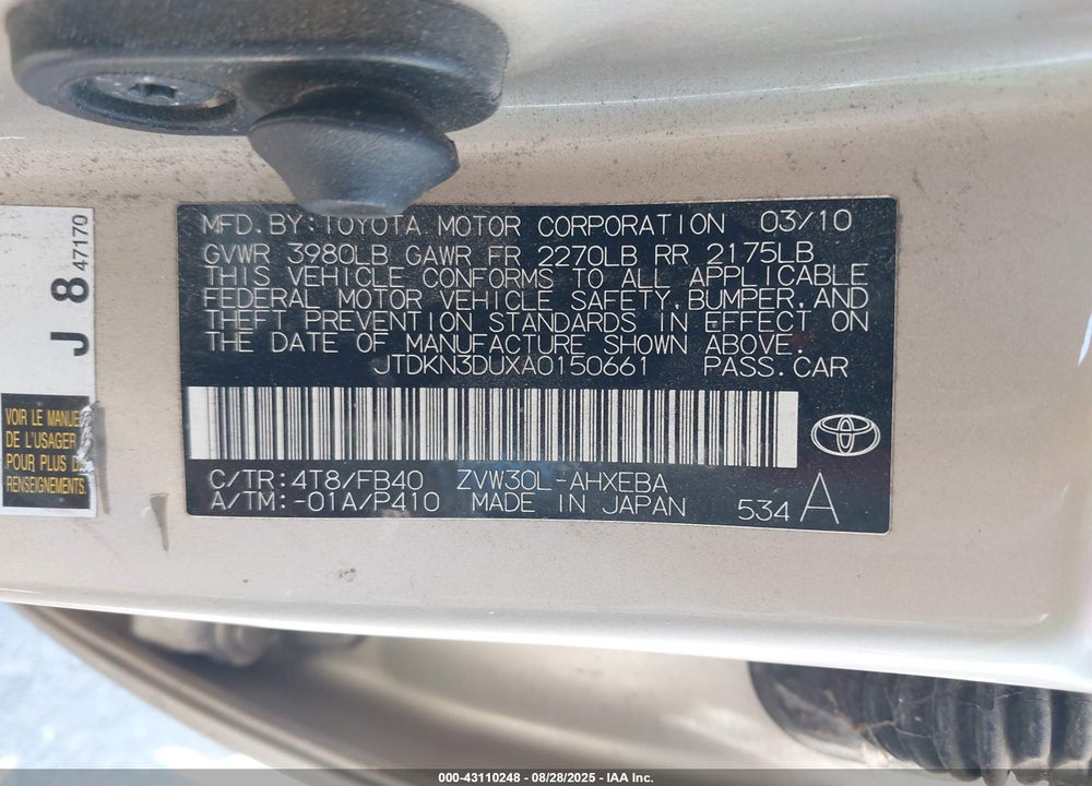 2010 TOYOTA PRIUS VIN: JTDKN3DUXA0150661