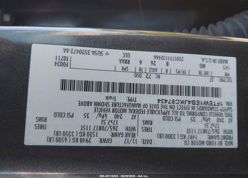2018 FORD F-150 VIN: 1FTEW1EB4JKC87434