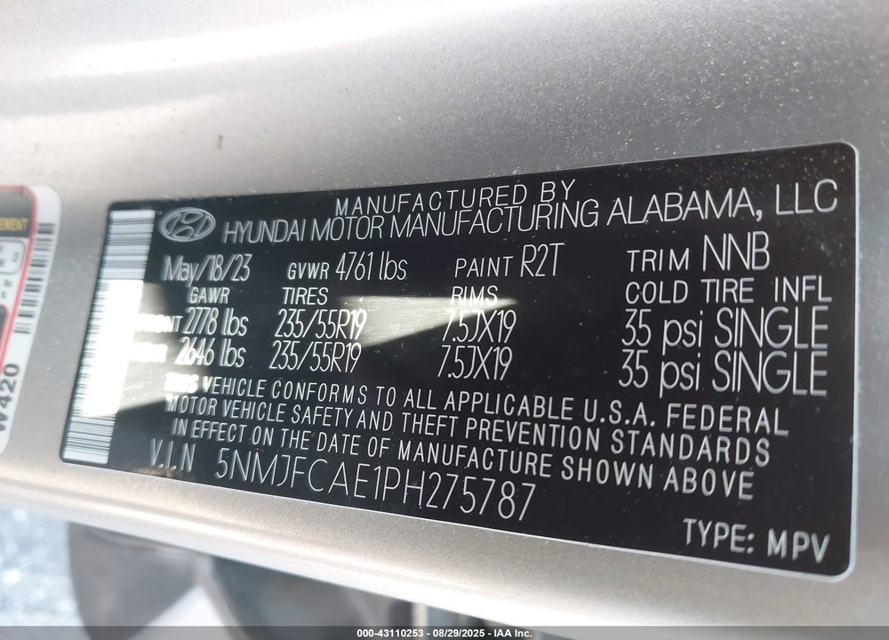 2023 HYUNDAI TUCSON VIN: 5NMJFCAE1PH275787
