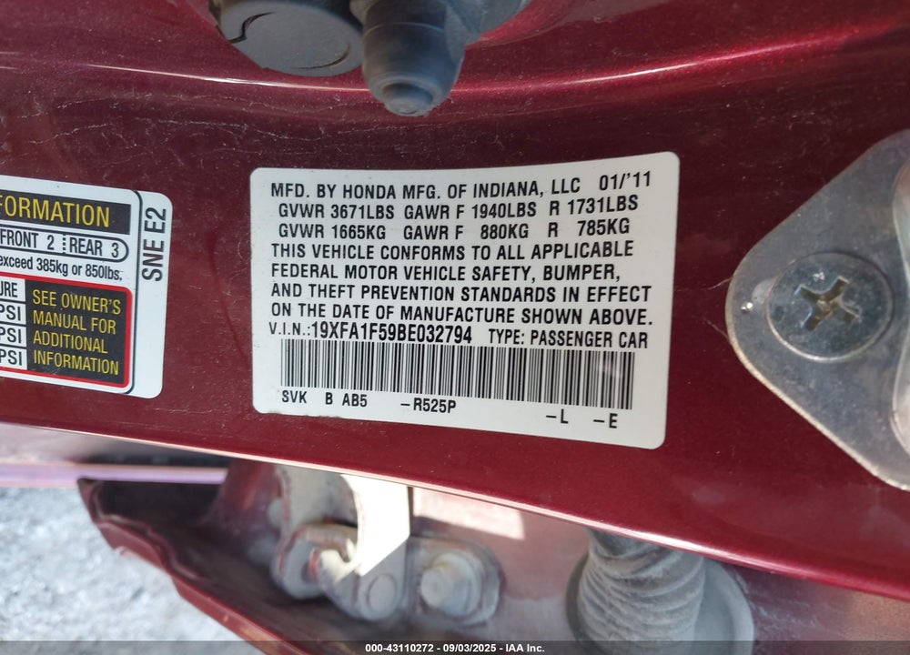 2011 HONDA CIVIC VIN: 19XFA1F59BE032794