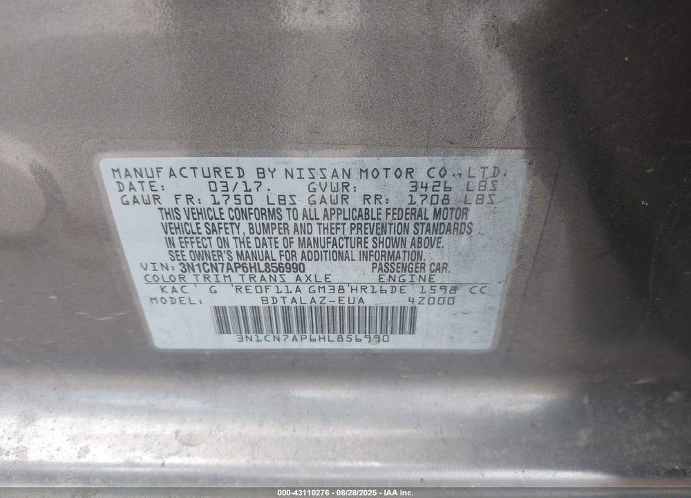 2017 NISSAN VERSA 1.6 S+ VIN: 3N1CN7AP6HL856990