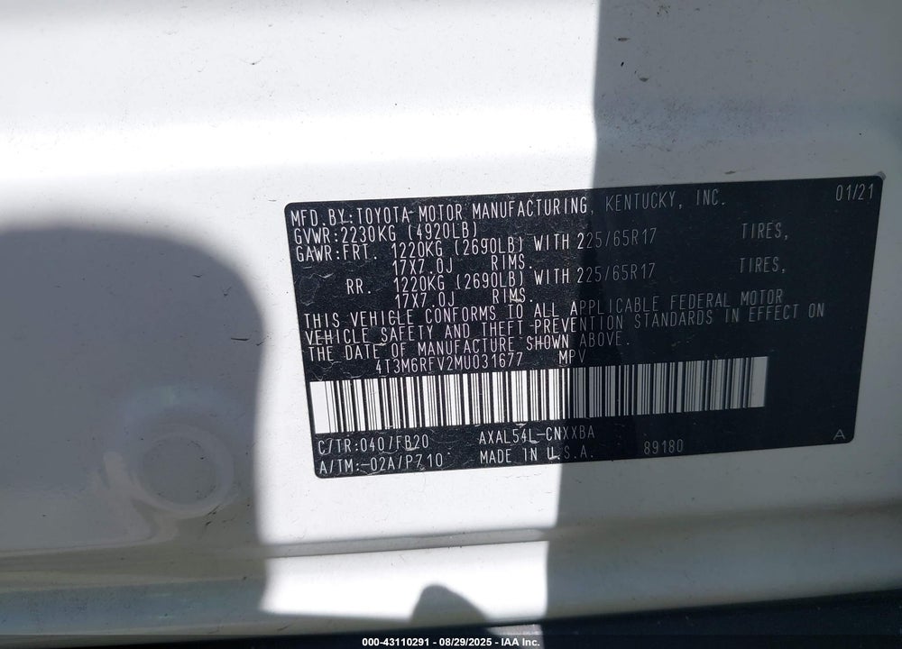 2021 TOYOTA RAV4 HYBRID VIN: 4T3M6RFV2MU031677