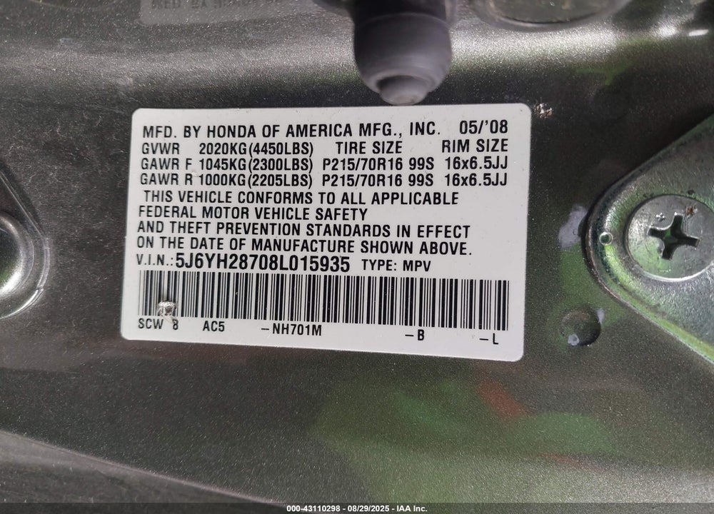 2008 HONDA ELEMENT EX VIN: 5J6YH28708L015935