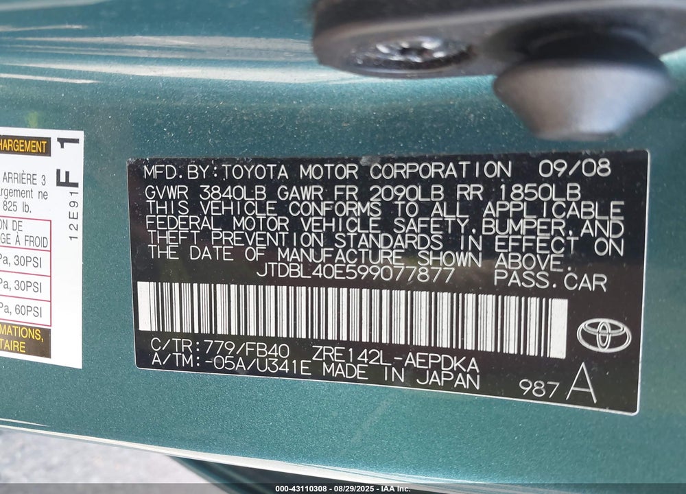 2009 TOYOTA COROLLA LE VIN: JTDBL40E599077877