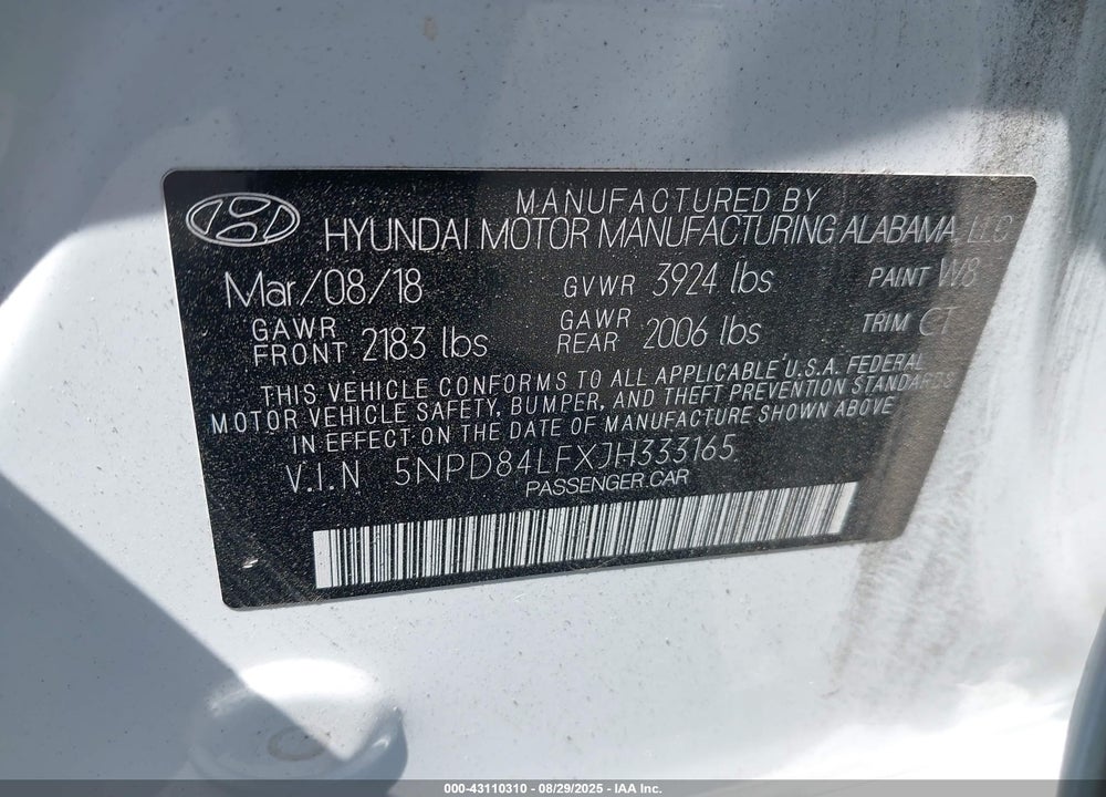 2018 HYUNDAI ELANTRA VIN: 5NPD84LFXJH333165