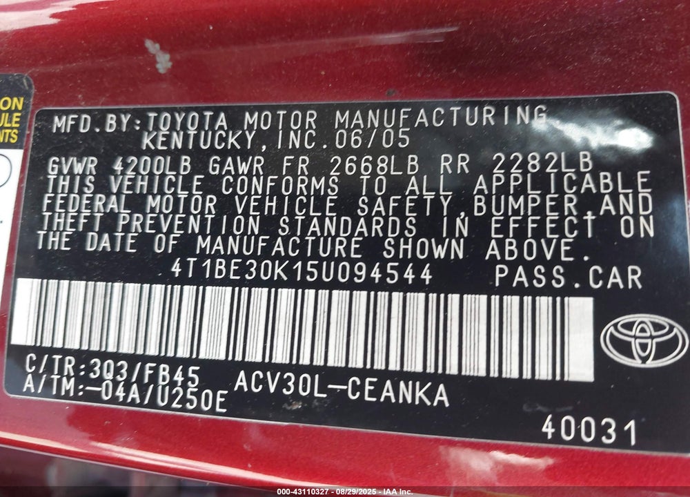 2005 TOYOTA CAMRY LE VIN: 4T1BE30K15U094544