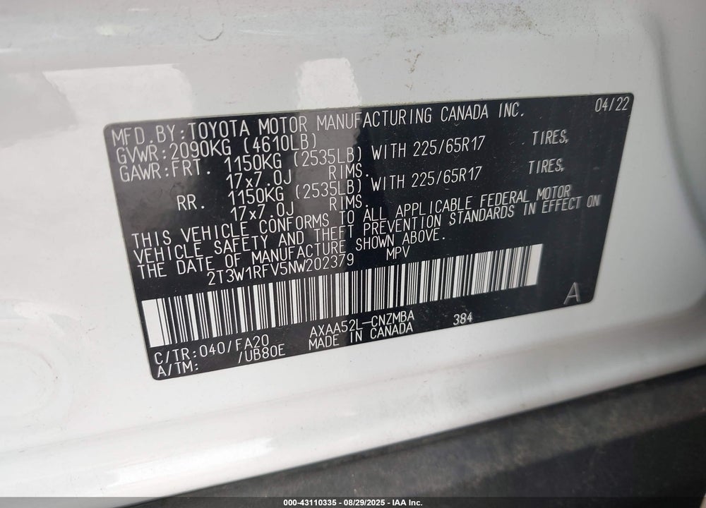 2022 TOYOTA RAV4 VIN: 2T3W1RFV5NW202379