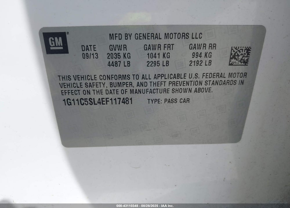 2014 CHEVROLET MALIBU VIN: 1G11C5SL4EF117481