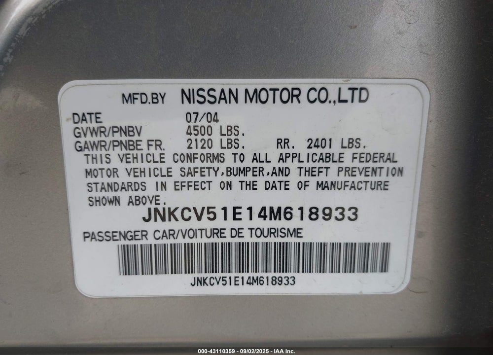 2004 INFINITI G35 VIN: JNKCV51E14M618933