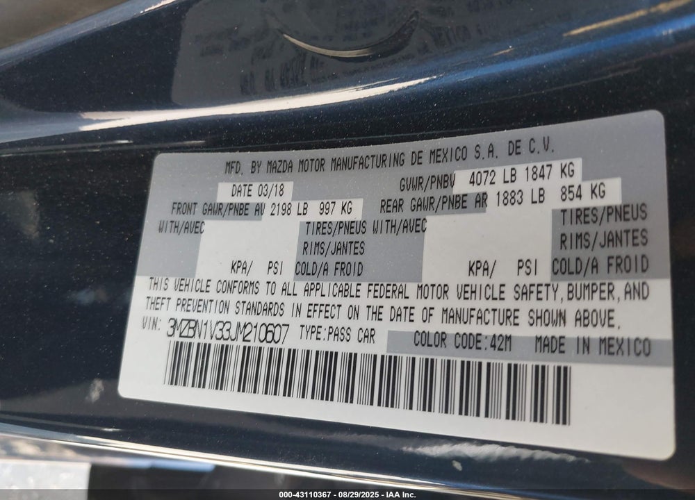 2018 MAZDA 3 VIN: 3MZBN1V33JM210607