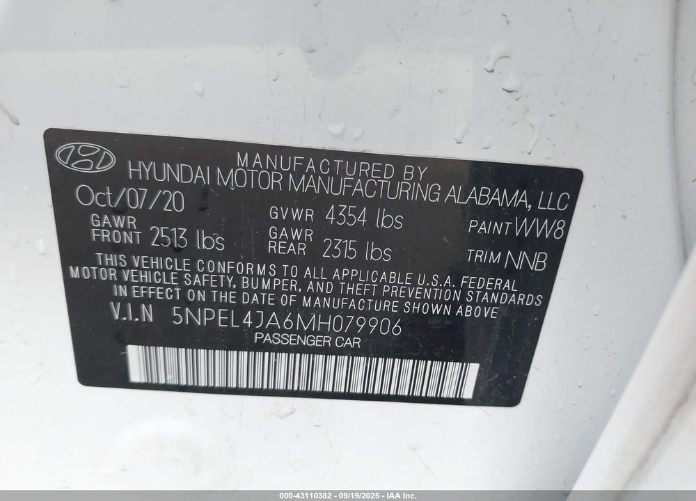 2021 HYUNDAI SONATA VIN: 5NPEL4JA6MH079906