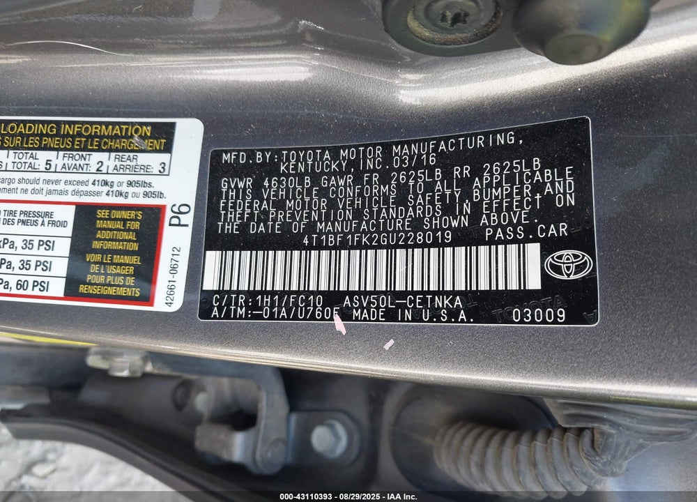 2016 TOYOTA CAMRY LE VIN: 4T1BF1FK2GU228019