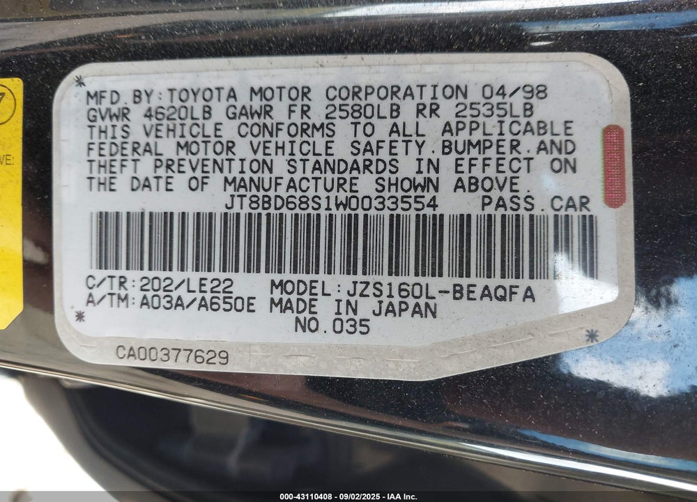 1998 LEXUS GS 300 VIN: JT8BD68S1W0033554