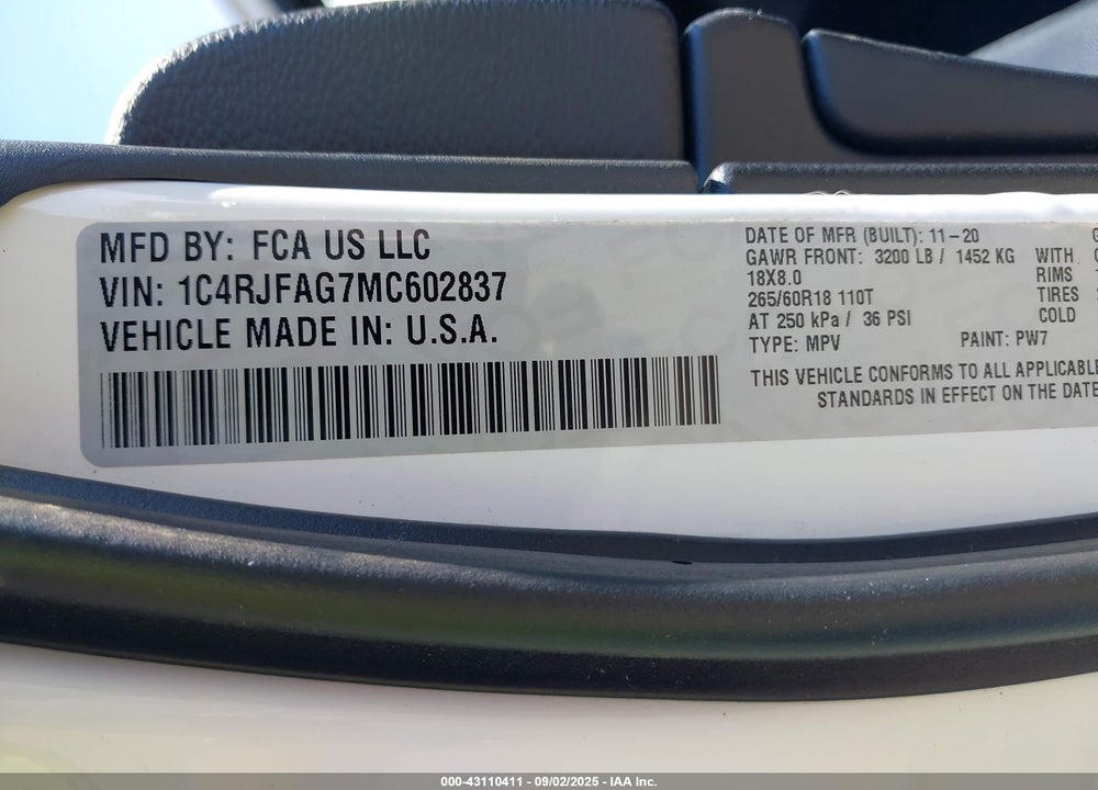 2021 JEEP GRAND CHEROKEE VIN: 1C4RJFAG7MC602837