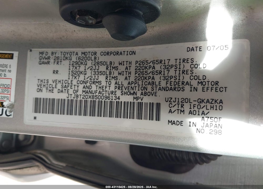 2005 LEXUS GX 470 VIN: JTJBT20X850096134