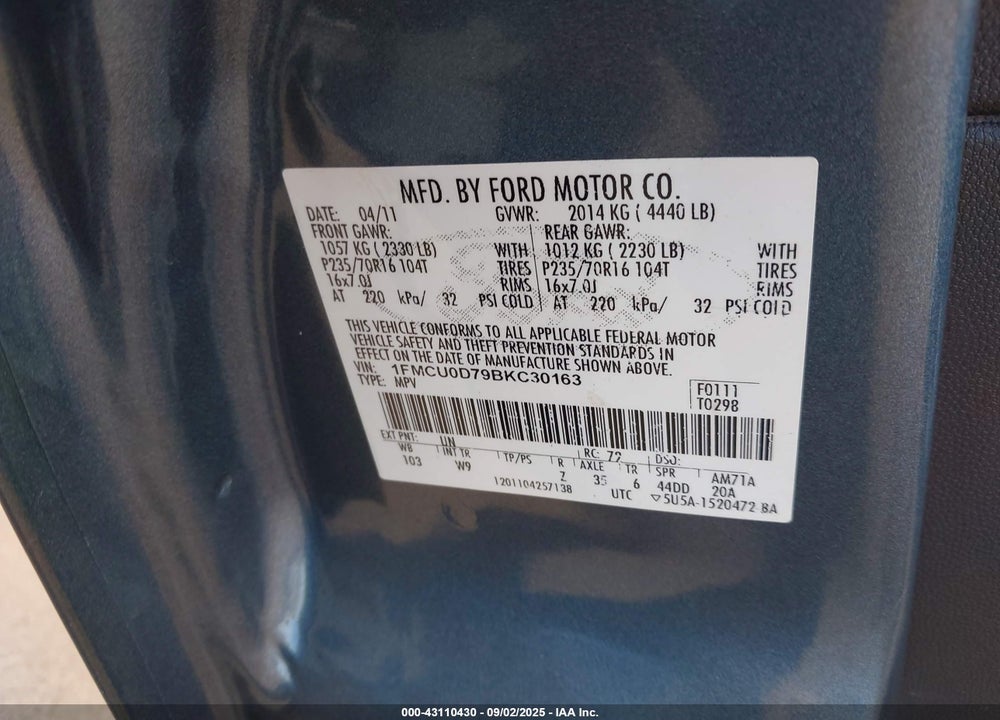 2011 FORD ESCAPE VIN: 1FMCU0D79BKC30163