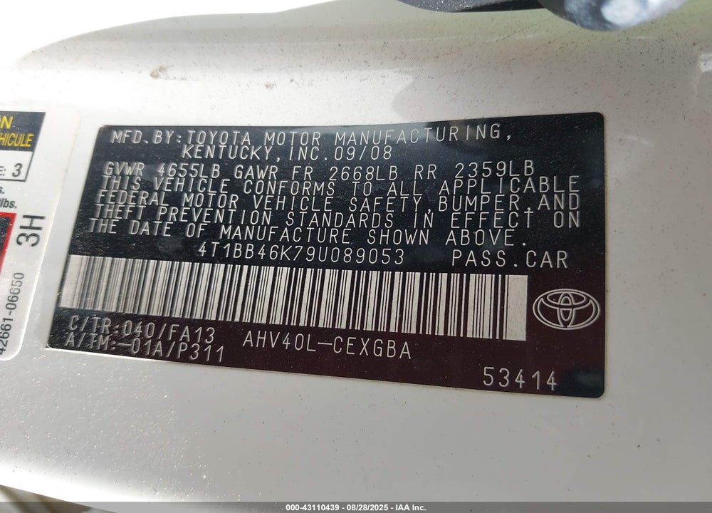 2009 TOYOTA CAMRY HYBRID VIN: 4T1BB46K79U089053