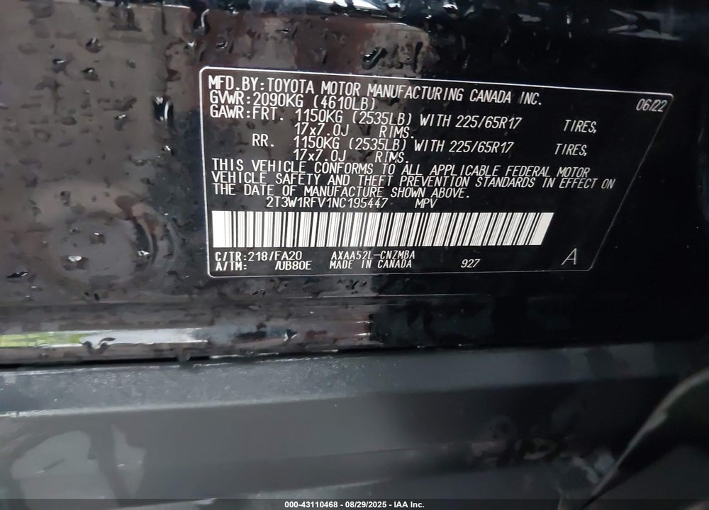 2022 TOYOTA RAV4 VIN: 2T3W1RFV1NC195447