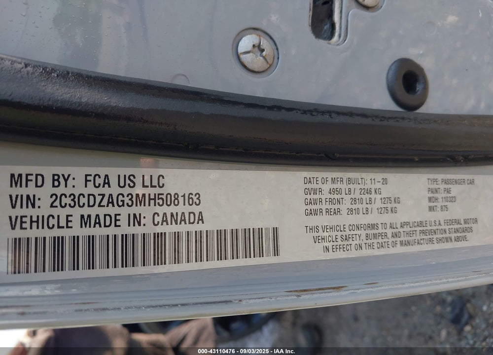 2021 DODGE CHALLENGER VIN: 2C3CDZAG3MH508163