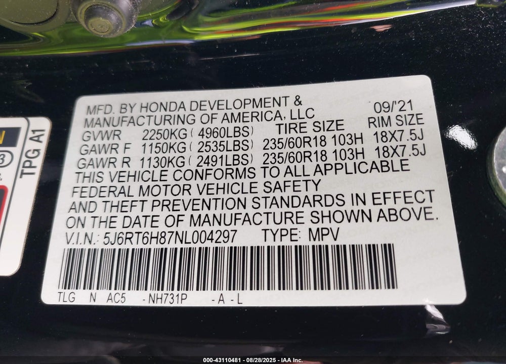 2022 HONDA CR-V VIN: 5J6RT6H87NL004297