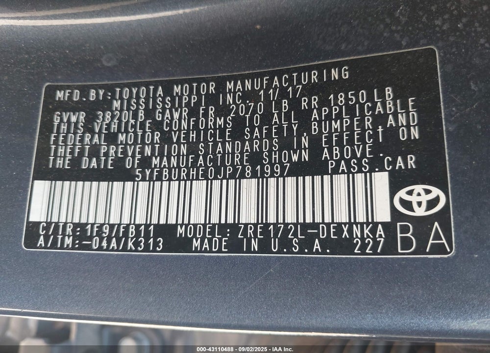 2018 TOYOTA COROLLA LE VIN: 5YFBURHE0JP781997