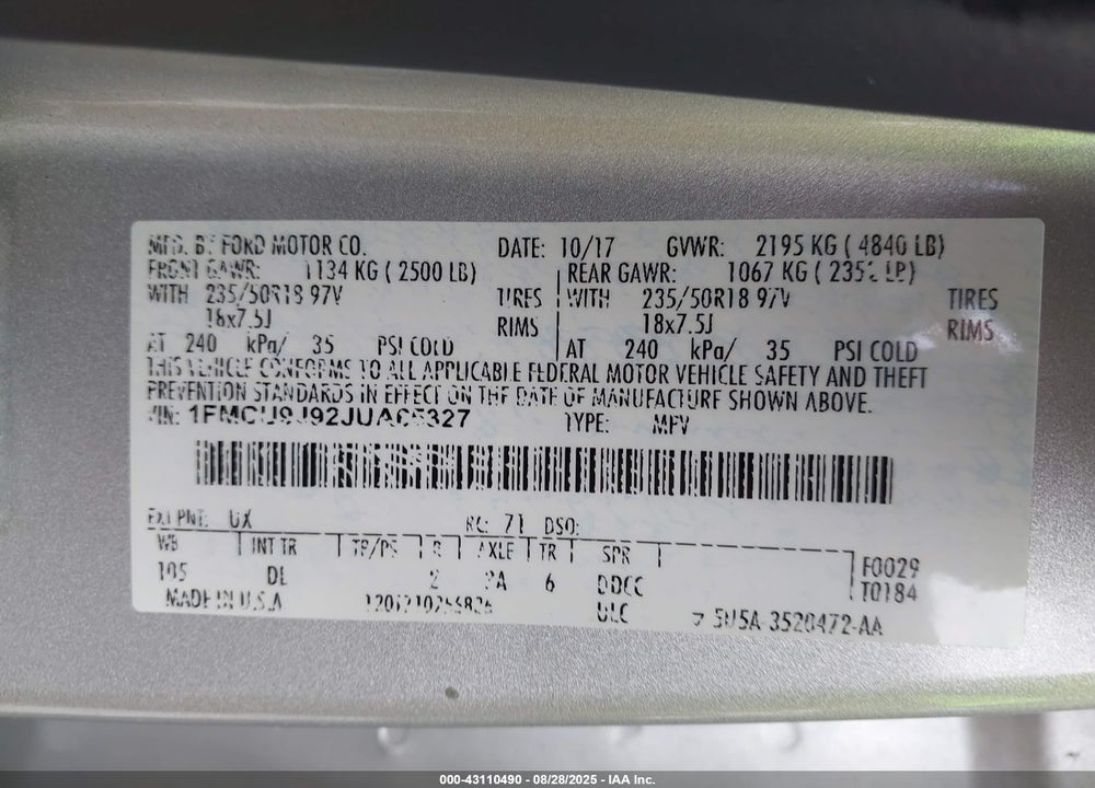 2018 FORD ESCAPE VIN: 1FMCU9J92JUA65327