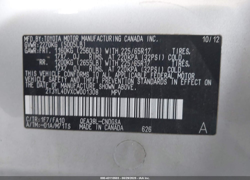 2012 TOYOTA RAV4 VIN: 2T3YL4DVXCW001308