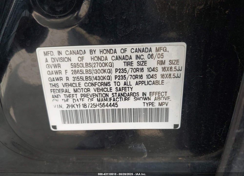 2005 HONDA PILOT EX-L VIN: 2HKYF18725H564445