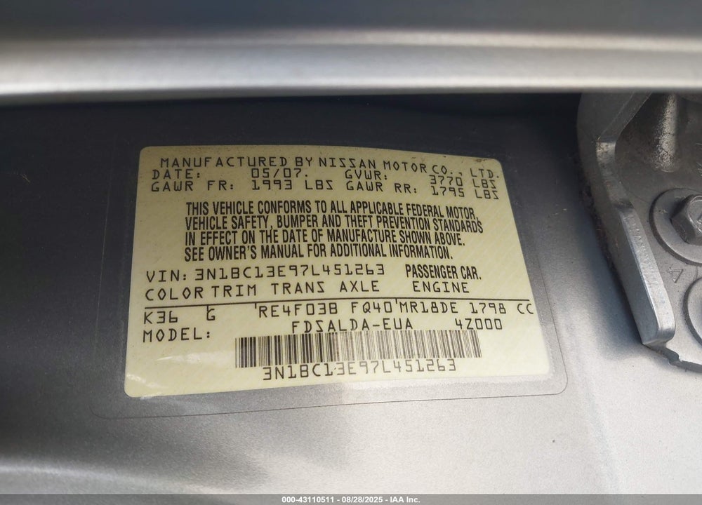 2007 NISSAN VERSA 1.8S VIN: 3N1BC13E97L451263